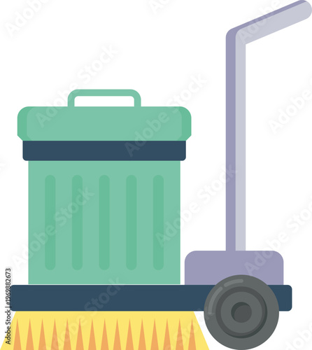 A broom and a trash can positioned on a clean white background, emphasizing their cleaning utility.