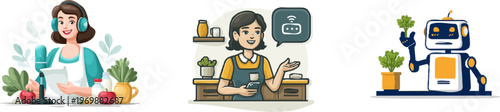 A friendly AI assistant in a cozy kitchen, equipped with voice recognition technology to help manage smart appliances, recipe suggestions, and grocery tracking seamlessly