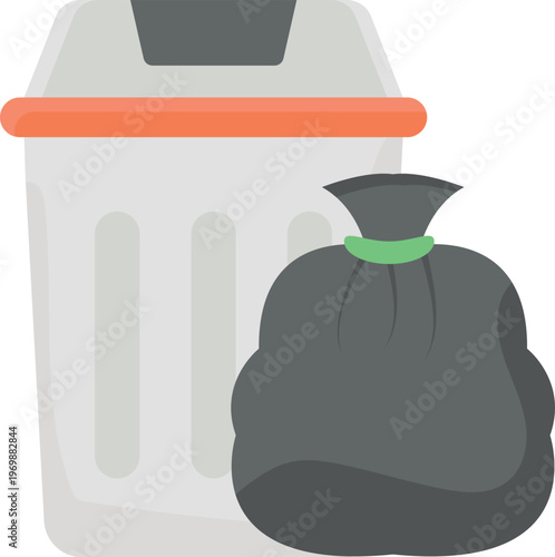 Vector illustration of a garbage can next to a tied trash bag on a plain background.