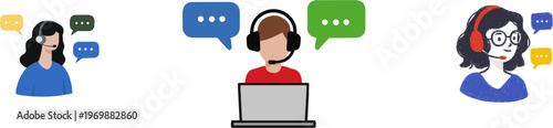 A minimalist flat vector graphic depicts an anonymous person wearing a generic headset, learning a new language with speech bubbles in bright colors and a clean 2D perspective