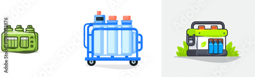 A minimalist flat vector graphic of a portable hydrogen fuel cell generator in bright vibrant colors, showcasing eco-friendly technology for clean energy solutions at an outdoor event