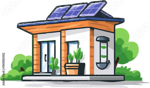 This sleek, eco-friendly flat vector graphic showcases a modular wooden building adorned with solar panels and a rain collection system, set against a minimalist white background