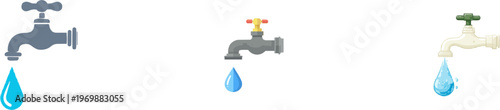 A minimalist flat vector graphic of a water filtration system features a sleek tap spouting a large drop of clean blue water against a stark white background