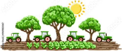 A regenerative farm showcases diverse crops under unbranded solar-powered tractors, surrounded by lush trees in a vibrant earthy palette, symbolizing sustainable eco-friendly agriculture