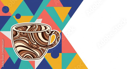 Stylized coffee cup with intricate swirl pattern placed on the left over a colorful geometric background with clean copy space on the right.