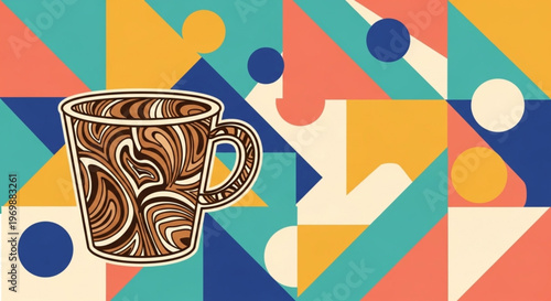 Decorative coffee cup illustration with detailed abstract pattern on vibrant geometric background filling the entire frame.