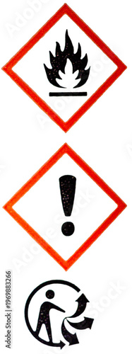Foto Symboles d'avertissement pour produits dangereux : inflammable, irritant et recyclage