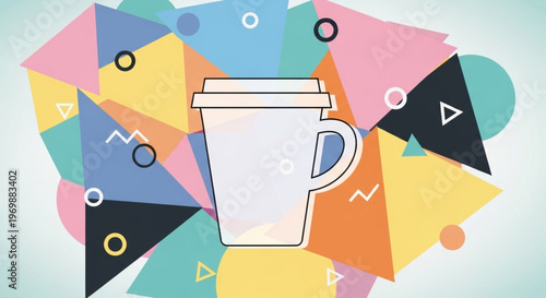 Minimal outline illustration of takeaway coffee cup centered on soft pastel geometric background.