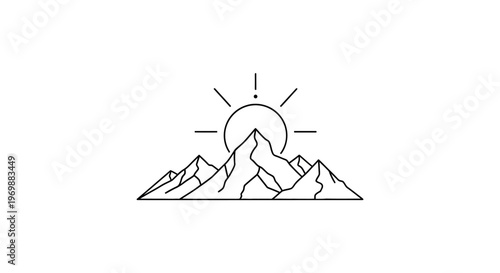Minimalist mountain sunrise line art, sun over peaks, simple outdoor vector graphic