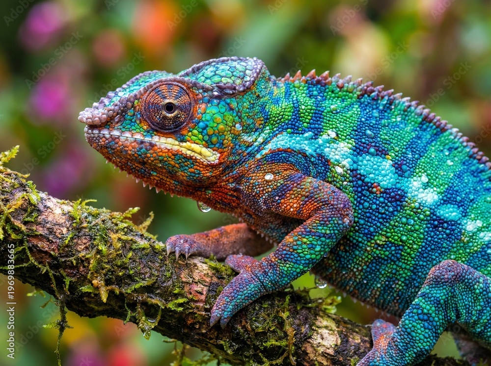 Fototapeta premium Macro Portrait of a Vibrant Exotic Chameleon Perched on a Natural Tree Branch
