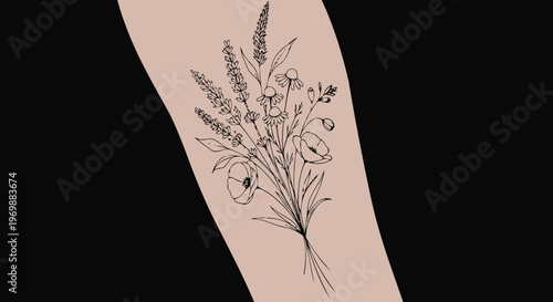 Delicate floral tattoo design on arm, black ink sketch of wildflowers bouquet