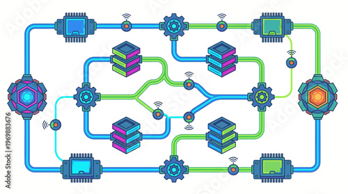 A colorful infographic of a complex system with interconnected gears and pathways.
