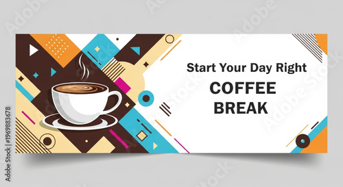 Modern coffee banner with cup illustration and “Coffee Break” text aligned to the right, featuring clean geometric composition.