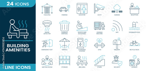 Building amenities icon set. Building amenities, facilities, parking, elevator, CCTV, reception, wifi, swimming pool, gym, emergency exit, charging station, mailbox, security, Line vector icons