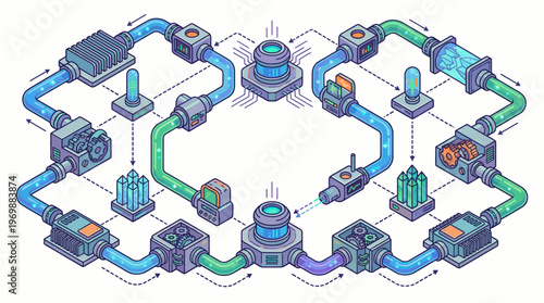 Industrial process flowchart with colorful pipes.