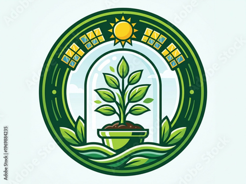 Sustainable agriculture concept with a vibrant green plant thriving under a glass dome surrounded by solar panels and lush foliage symbolizing eco friendly growth