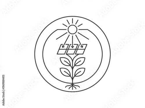 Eco friendly solar energy concept with a growing plant absorbing sunlight symbolizing renewable resources and sustainable growth depicted in a clean line art circular