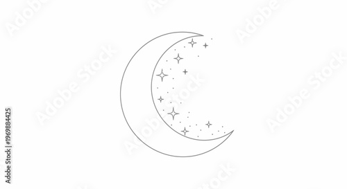 Minimalist Crescent Moon and Stars Icon Line Art
