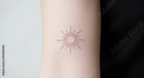 Minimalist sun tattoo on arm, celestial body, radiating light, delicate line art