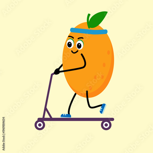 Cute Orange. Rides an Orange scooter.  The concept of health, fitness, cartoon.
