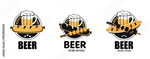 Set Logo beer shop. Vector illustration of a beer sign. Orange and yellow splashes of drink in a mug. Symbol glass beer. Flat style. Symbol one glass of beer.