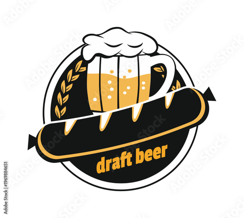 Round sticker with a glass of beer and bubbles. One glass with cold beer. Vector illustration glass. Flat style.