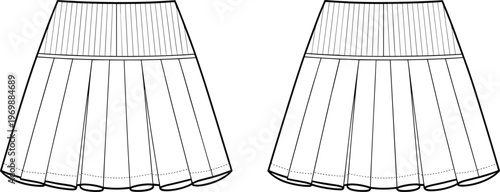 Women's Casual High Waisted Pleated Mini Skirt Mockup, Front and Back View, Apparel Technical Vector Illustration Flat Sketch Template Design
