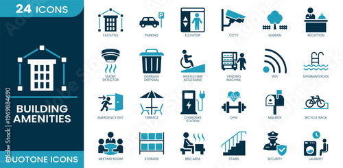 Building amenities icon set. Elevator, facilities, building amenities, parking, CCTV, reception, wifi, swimming pool, gym, security, emergency exit, mailbox, charging station, Duotone vector icons