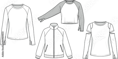 Fashionable Athleisure Apparel Technical Sketches: Modern Sportswear Designs for Active Lifestyles, Including Long Sleeve Tops and a Stylish Zippered Jacket