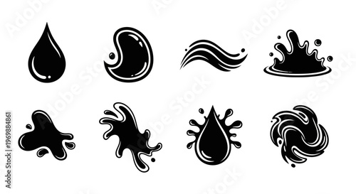 Ink splash vector set. Black liquid drop collection.