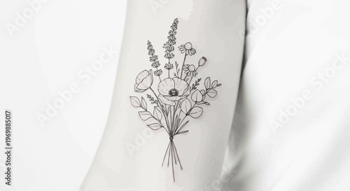 Minimalist Floral Tattoo Design, Delicate Bouquet of Wildflowers on Arm