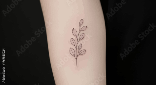 Minimalist botanical tattoo of a delicate branch with leaves on skin