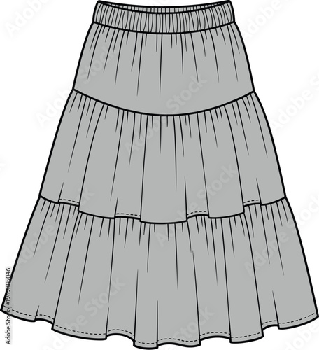 Tiered Maxi Skirt Fashion Flat Sketch: Flowing Bohemian Style for Summer Wardrobe and Design Projects Featuring Elastic Waist and Relaxed Silhouette