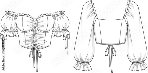 Romantic Blouse Fashion Design Mockup: Corset Style Ruched Crop Top with Puff Sleeves and Tie Front Detail - Ideal for Fashion Tech Packs and Garment Design Templates