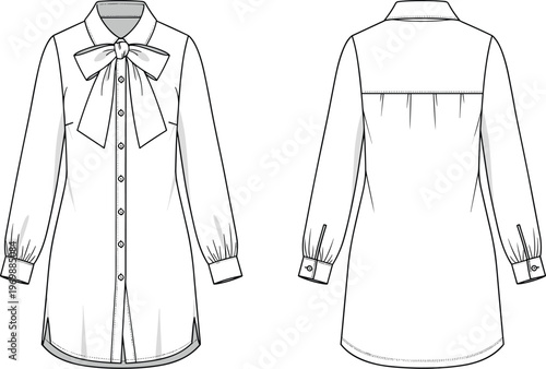 Elegant Women's Blouse Fashion Technical Drawing: Stylish Long-Sleeve Shirt with Bow Tie, Detailed Apparel Design for Fashion Designers, Trend Forecasting, and Garment Production