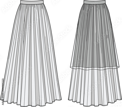 Fashion Forward: Elegant Pleated Maxi Skirt in Technical Drawing Style, Ideal for Apparel Design and Style Guides, Showcasing Classic Feminine Style and Modern Design Principles