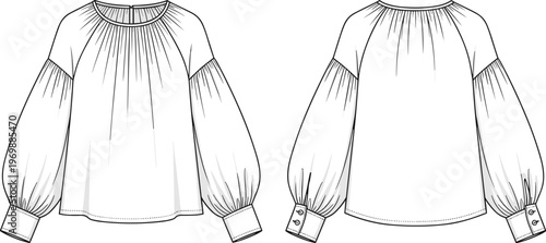 Fashion Forward: Technical Drawing of a Blouse with Gathered Neckline and Bishop Sleeves for Design Inspiration and Apparel Manufacturing