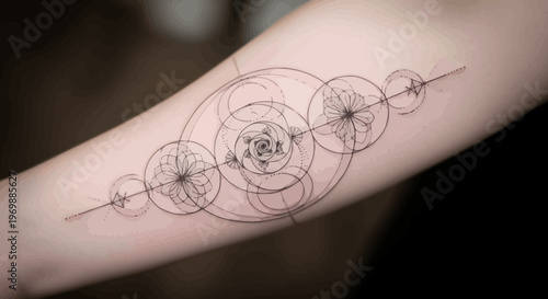Geometric Tattoo Design with Floral Elements on Arm