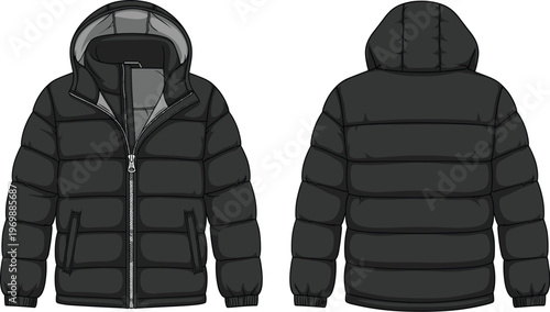 Black Puffer Jacket Illustration: Versatile Fashion Vector for Apparel Mockups, Winter Designs, Urban Style, and Sportswear Promotion, Perfect for E-Commerce and Design Projects