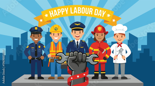 Happy Labour Day Celebration Banner Featuring Diverse Workers Police Pilot Construction Firefighter and Chef in City Vector Illustration