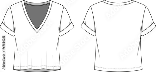 Stylish V-Neck T-Shirt Design Template for Fashion and Apparel Mockups: Front and Back View for Designers and Creative Projects, Ideal for E-commerce and Catalogs