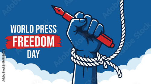 World Press Freedom Day Illustration with Fist Holding Pen and Rope for Journalism Rights and Media Freedom