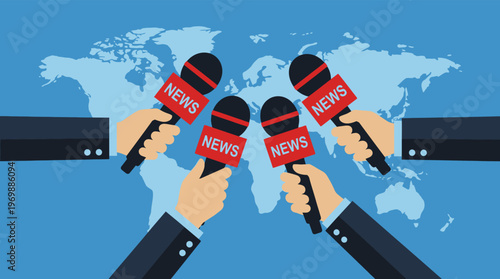 Global Media Press Conference Illustration with Journalists Hands Holding Microphones for Breaking News on World Map Background