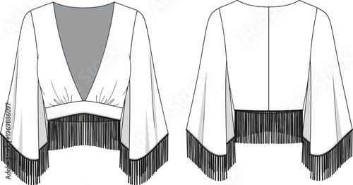 Elegant Women's Fashion Design Mockup: V-Neck Crop Top with Fringe - Front and Back Views for Apparel Design, Pattern Making and Fashion Industry Visualizations