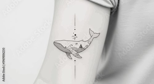 Minimalist Whale Tattoo Design with Geometric Elements and Ocean Scene