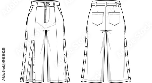 Stylish and Versatile Pants Design: Front and Back View Fashion Illustration of Wide Leg Trousers with Button Details and Detachable Panels for Designers and Apparel Creation