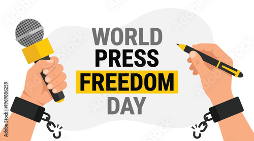 Hands Holding Microphone and Pen with Broken Handcuffs for World Press Freedom Day Celebration Concept Vector Illustration