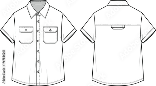 Technical Flat Sketch of Short Sleeve Shirt: A Versatile Fashion Template for Design Mockups, Apparel Development and Manufacturing Visuals, Ideal for Catalogs and Presentations