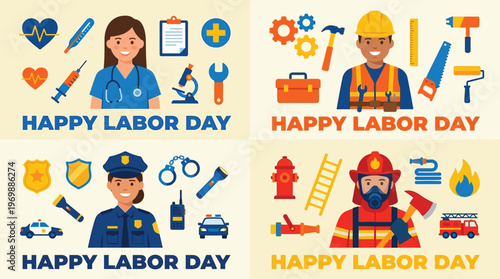 Happy Labor Day Illustration Set featuring Diverse Essential Workers including Doctor Construction Worker Police Officer and Firefighter
