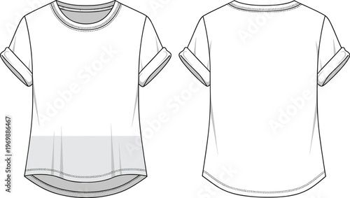 White T-Shirt Fashion Template for Designers: Create Mockups and Tech Packs with this Versatile Front and Back View of a Stylish Rolled Sleeve Tee